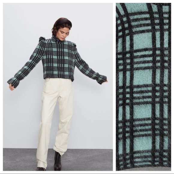 ZARA wool mohair sweater NWT green black S ruffle shoulder soft - Picture 1 of 13